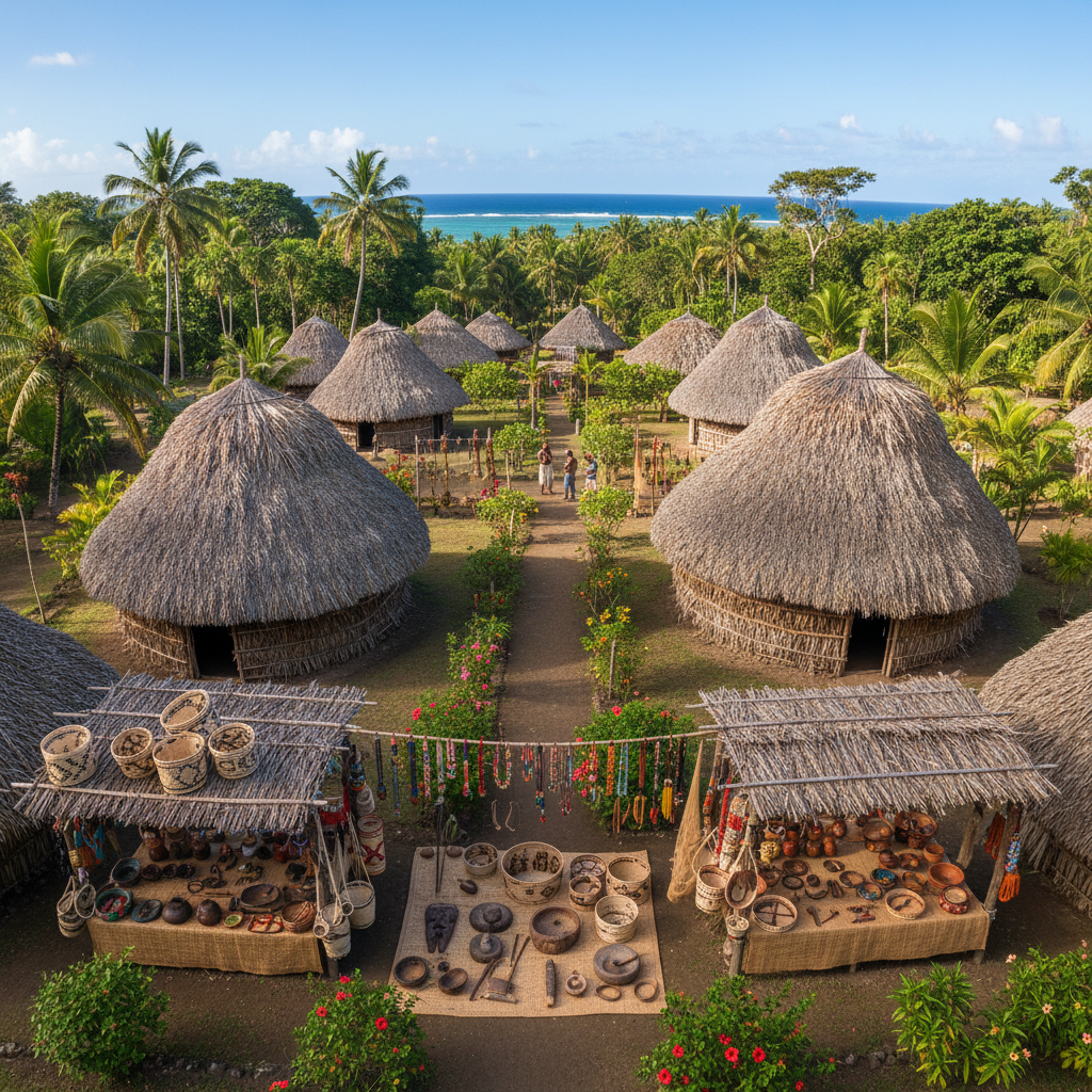 Indigenous Kalinago cultural village with traditional thatched structures and craft displays