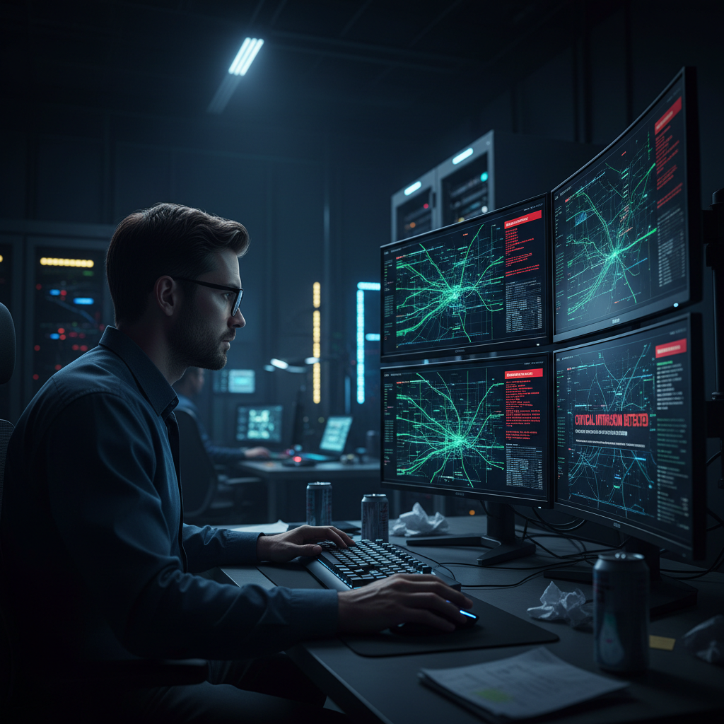 Security operations center with multiple monitors showing surveillance feeds, dark atmospheric professional workspace