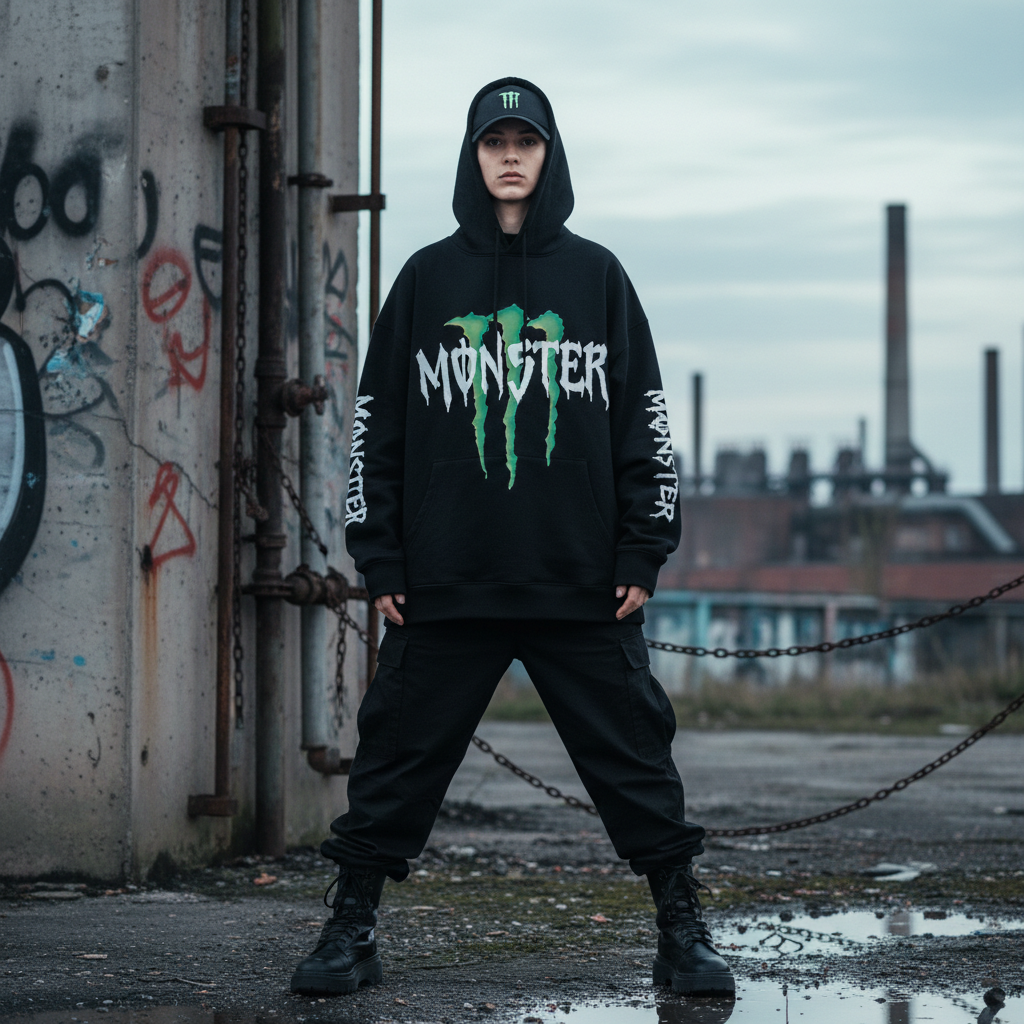 Streetwear model in oversized hoodie on concrete steps at night, harsh artificial lighting, urban industrial setting