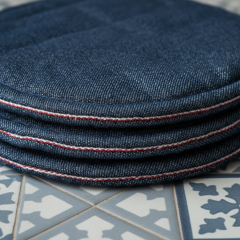 Indigo selvedge denim pot holders stacked on ceramic tile