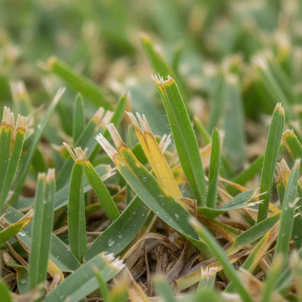 Close-up of St. Augustine grass blades showing early chinch bug damage — yellowing at blade tips against healthy green turf
