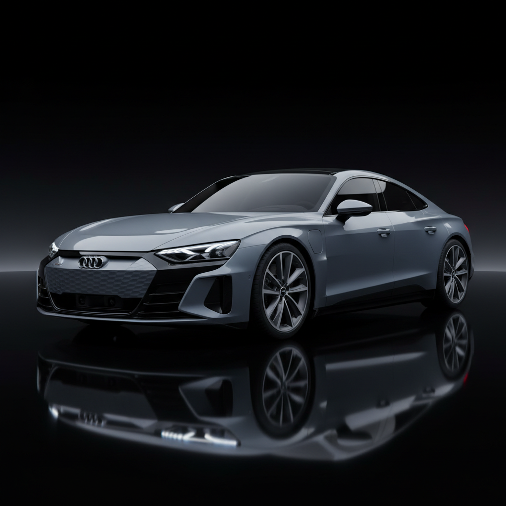 Audi e-tron GT electric car on wet urban road at night, blue accent lighting, futuristic atmosphere