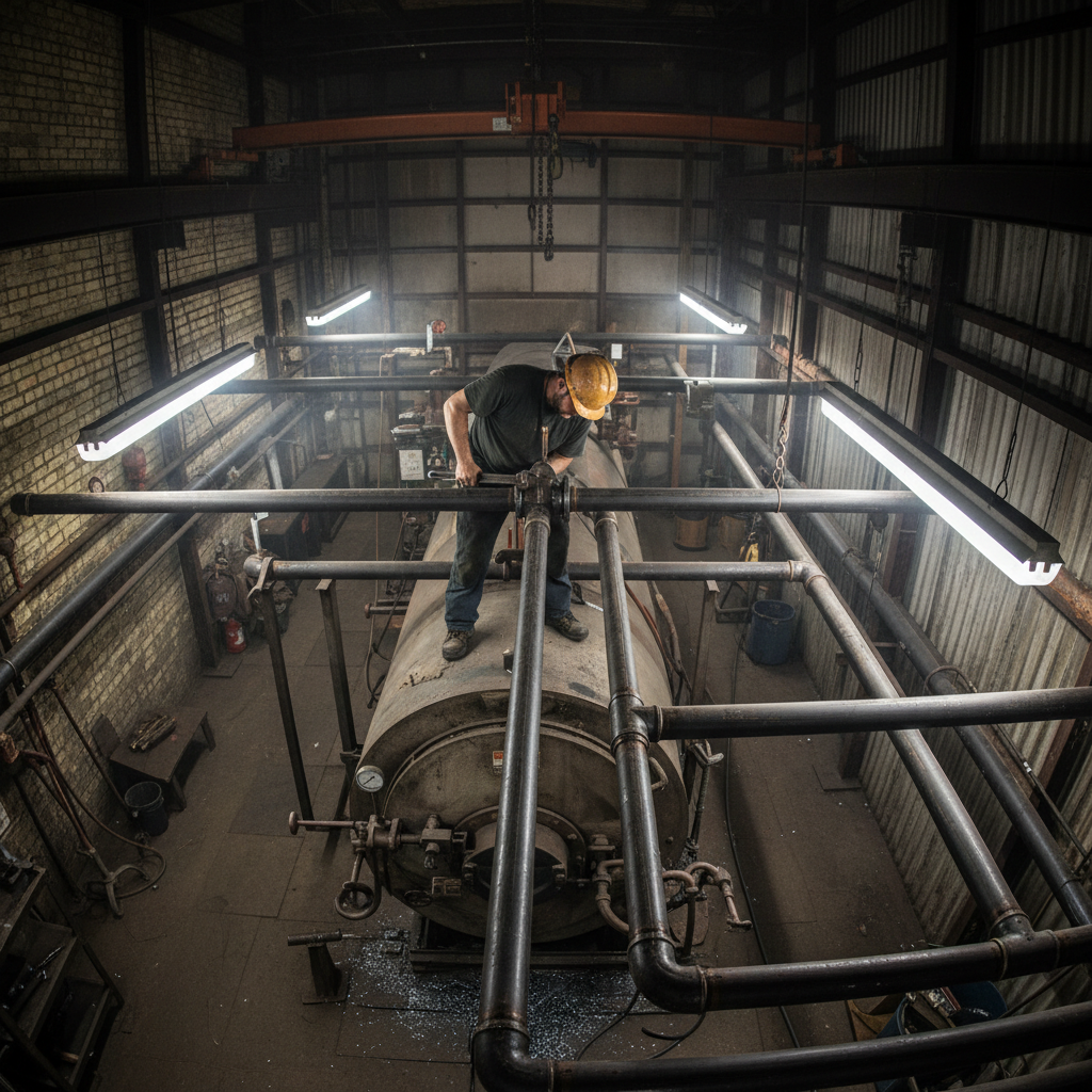 Pipefitter threading black iron pipe in industrial boiler room, overhead view of ceiling pipe network
