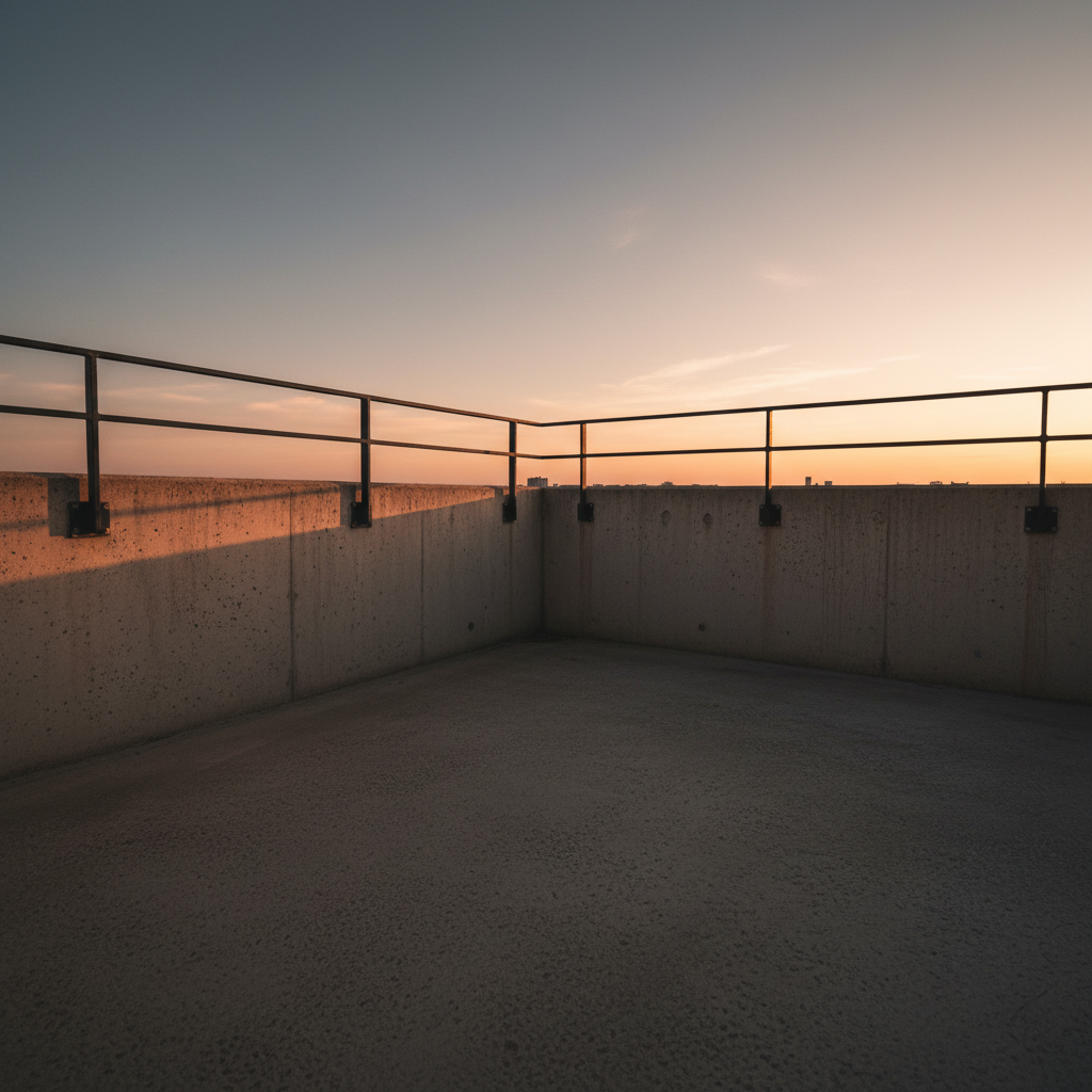 Empty balcony railing at dusk, bare concrete walls, no decoration