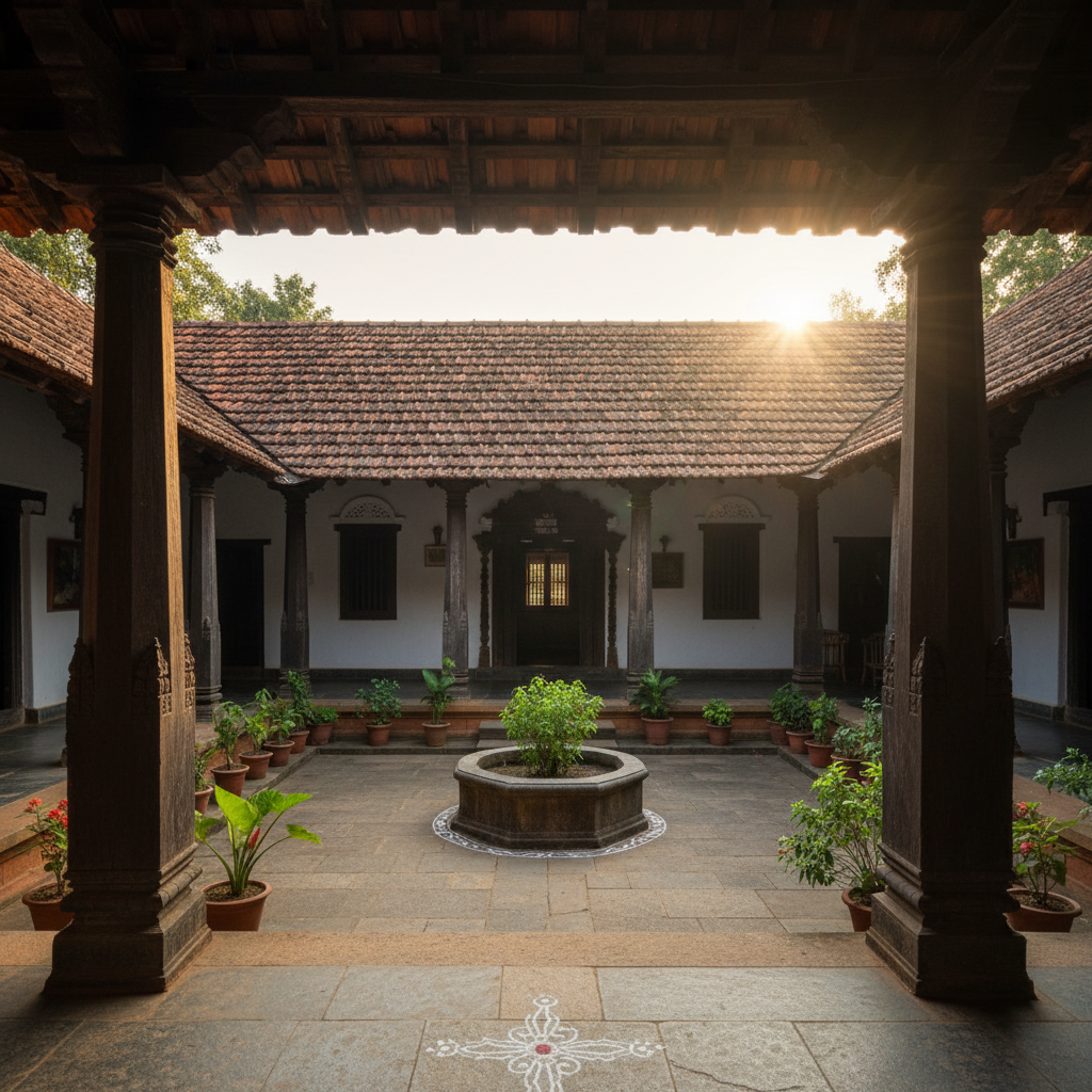 A traditional South Indian home with tiled roof, verandah, and tulasi courtyard in a peaceful Aghraharam community