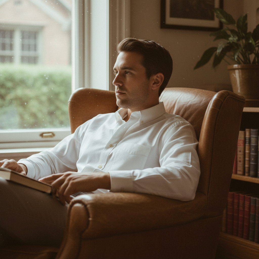 Man wearing a crisp white premium Oxford shirt in natural light