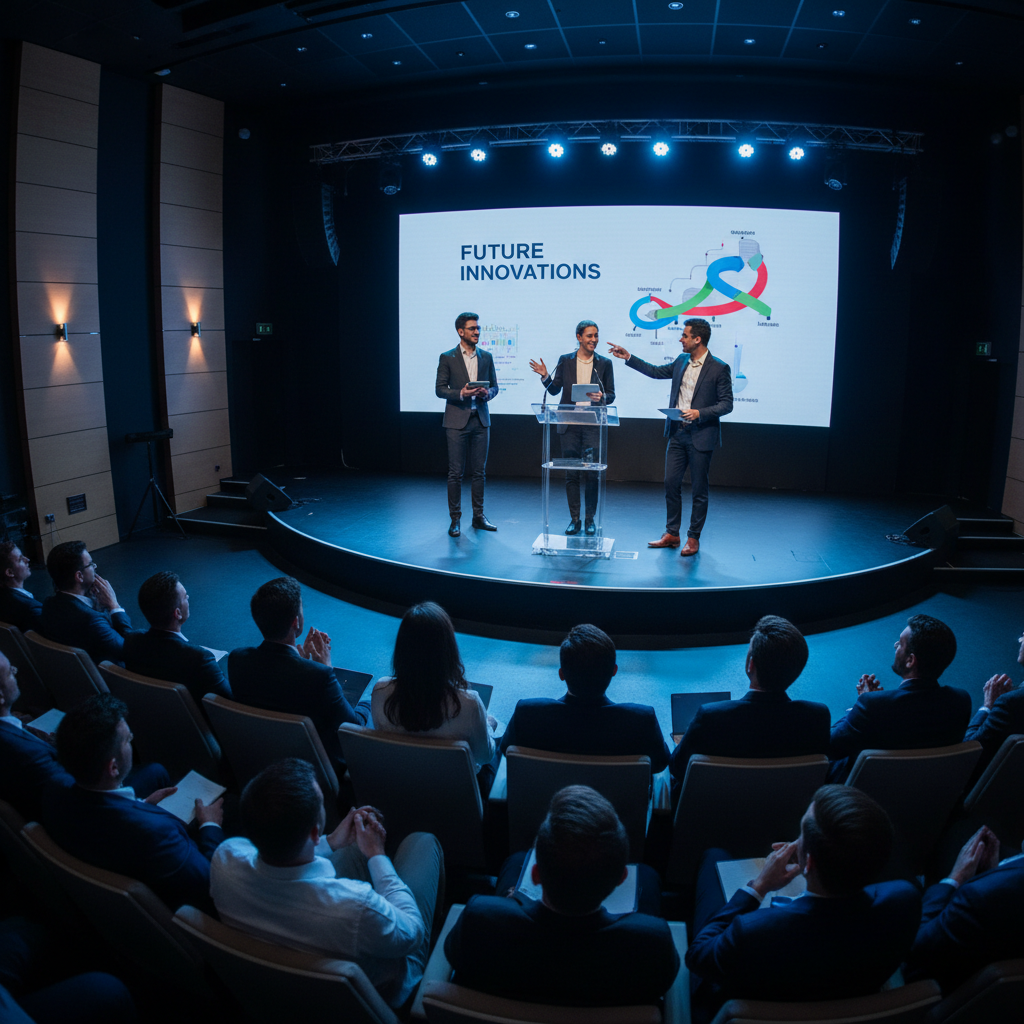 Startup founders pitching business ideas to investors on stage