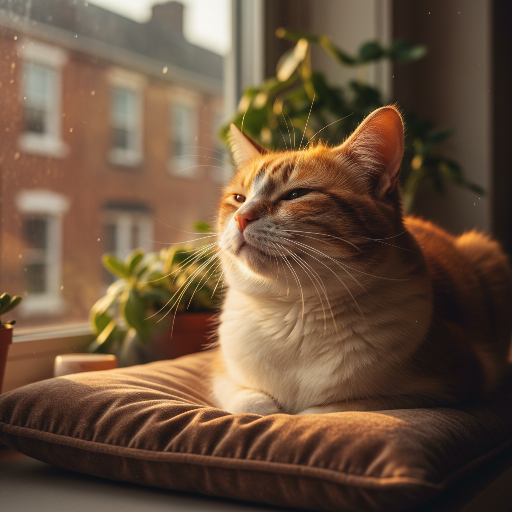 Cat sitting in warm window light, eyes half-closed, the quality of light making fur look like brushstrokes