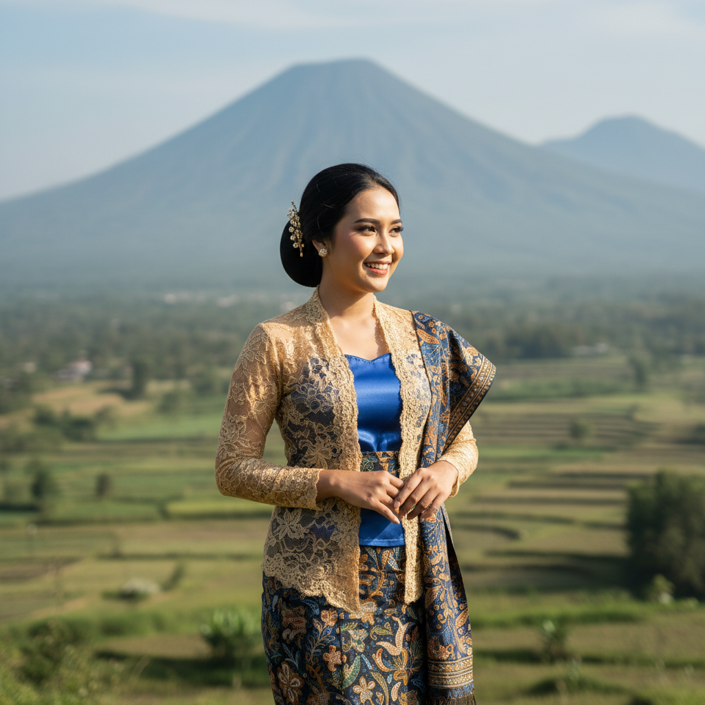 Indonesian woman with warm smile, outdoor natural setting, casual outfit