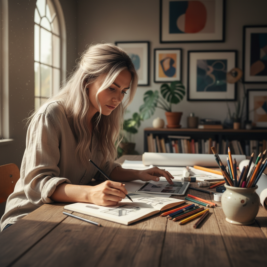 White woman with blonde hair in creative workspace with warm lighting