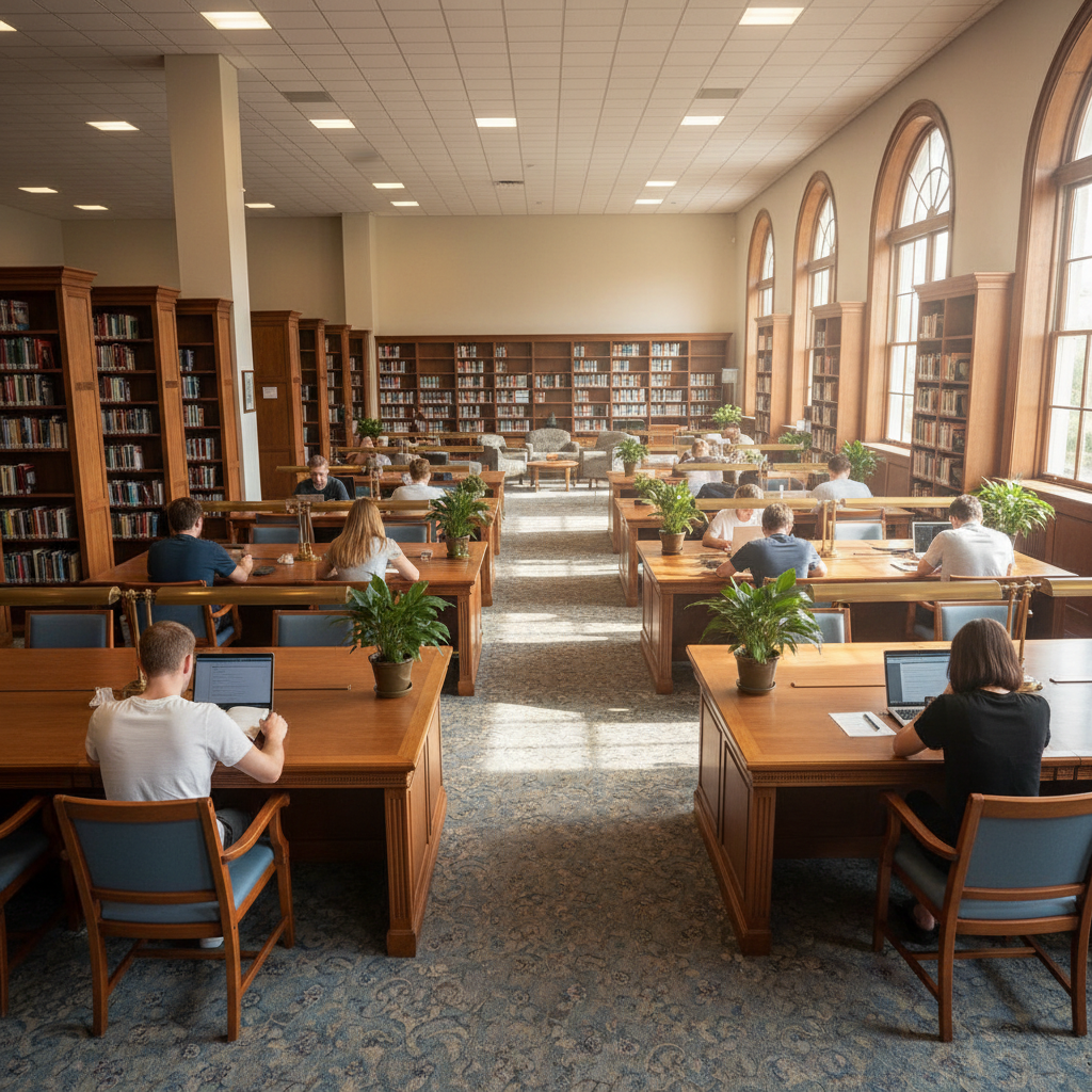 Student studying at a well-lit wooden desk surrounded by open books, warm afternoon sunlight, calm and focused atmosphere