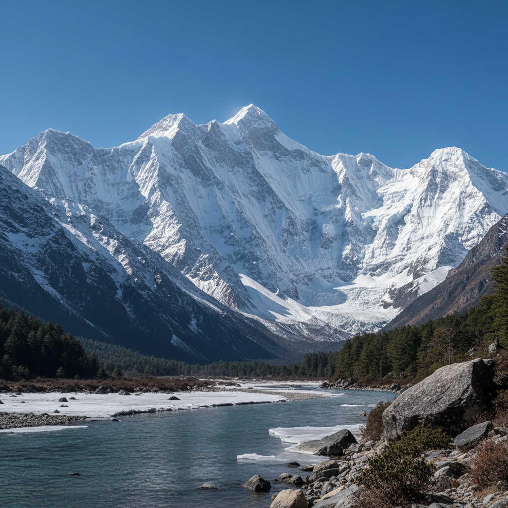 Manali mountain landscape with snow-capped Himalayan peaks, pine forests, clear blue sky, dramatic alpine scenery