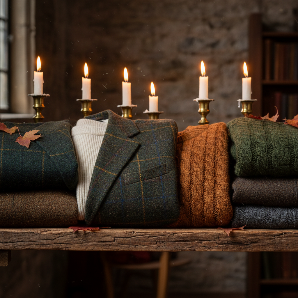 Folded heritage wool tweed blazers and knitwear on a wooden shelf in warm candlelight