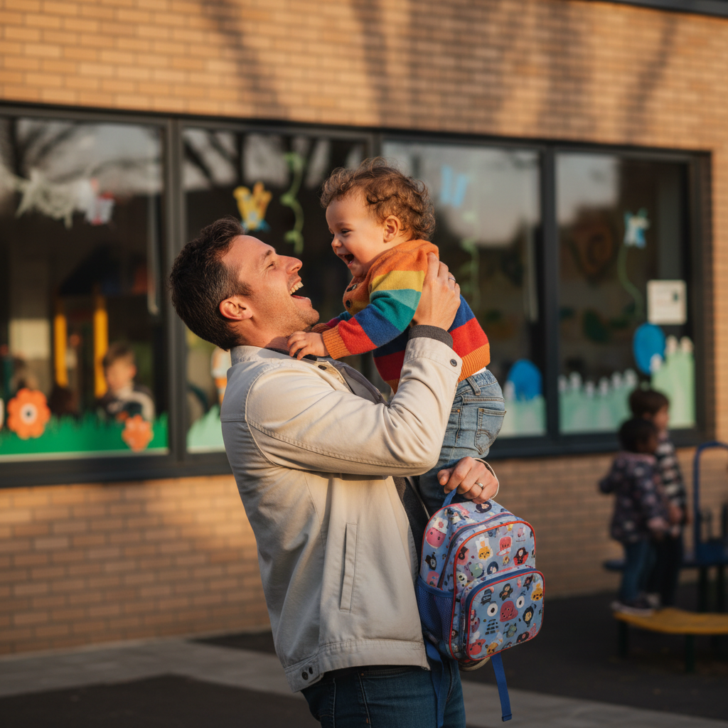 A parent picking up a happy toddler from daycare, both beaming, backpack in hand, afternoon light