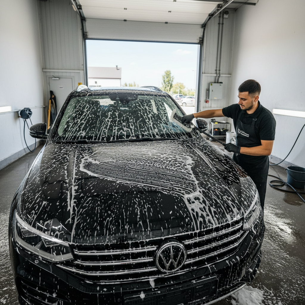Professional detailer cleaning white SUV wheel arch