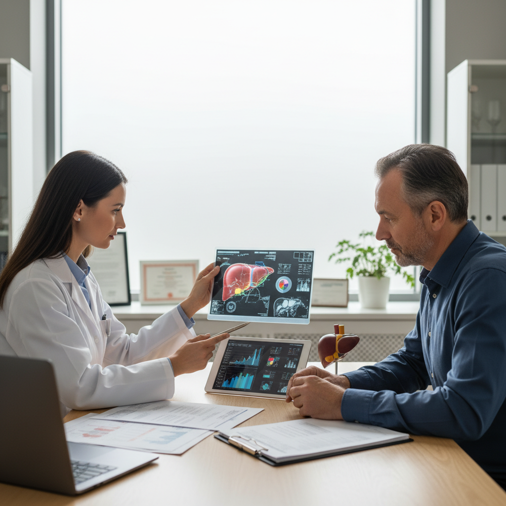 Patient and physician reviewing joint scan results together in consultation room
