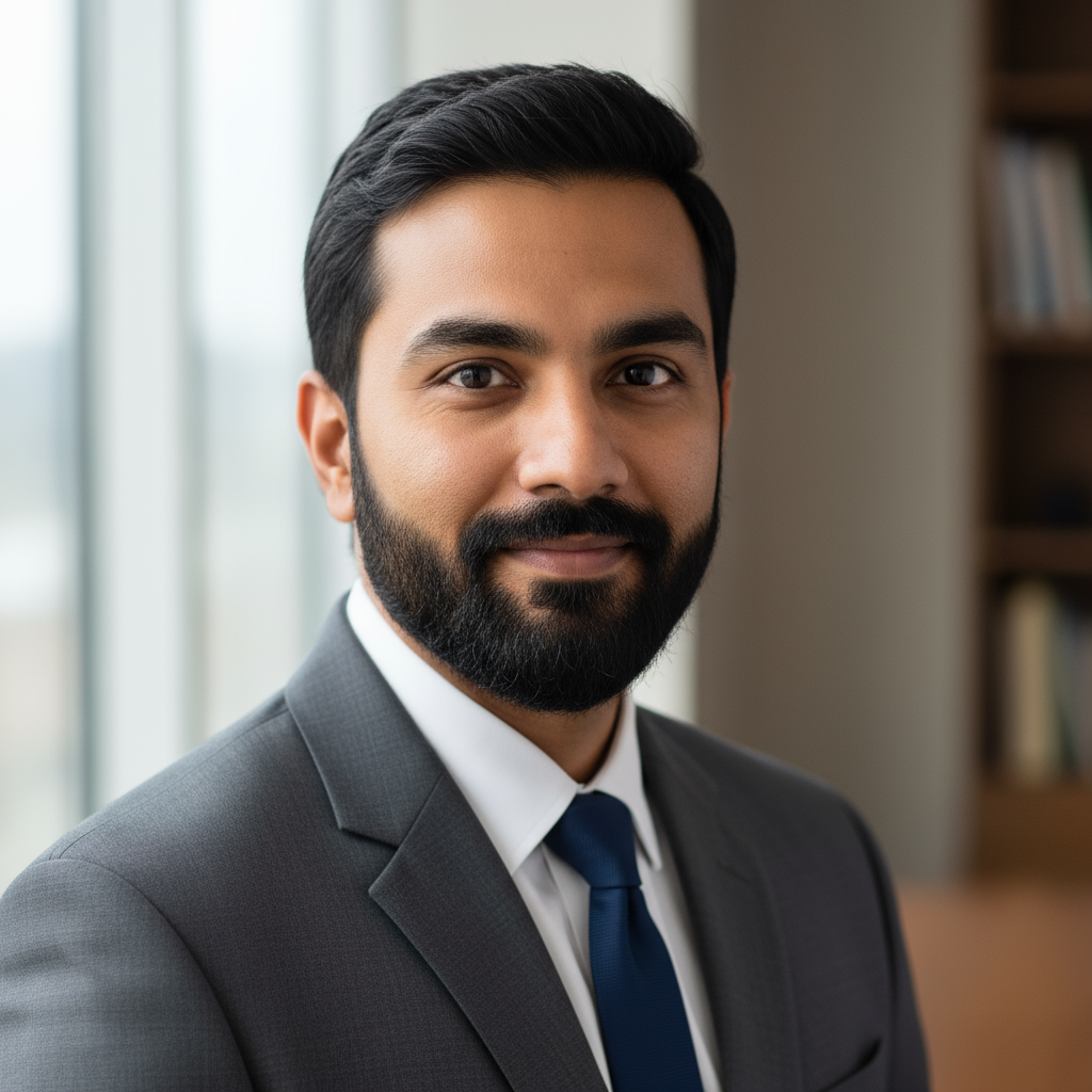 Professional headshot of Indian man with short black hair in gray suit with confident expression