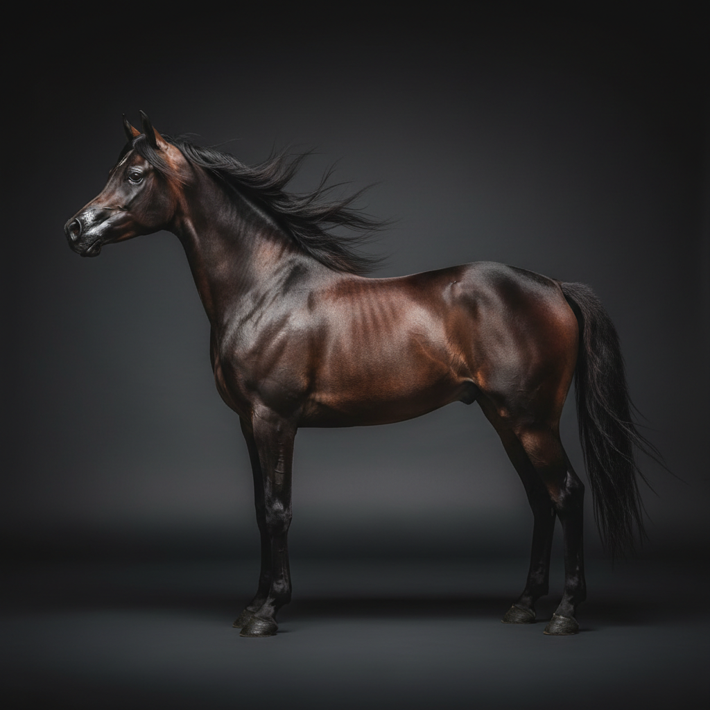 Elegant black horse in dramatic low-key lighting, dark atmospheric stable