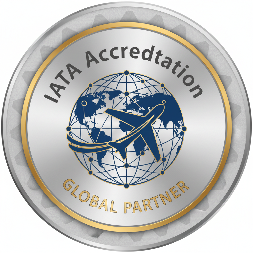 IATA accreditation badge with airplane silhouette and global network design