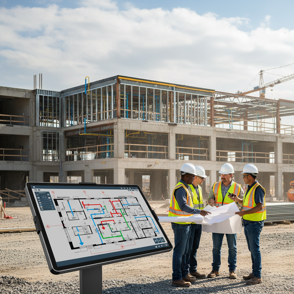 Project manager reviewing blueprints and data on tablet at construction site, bright natural light, professional setting