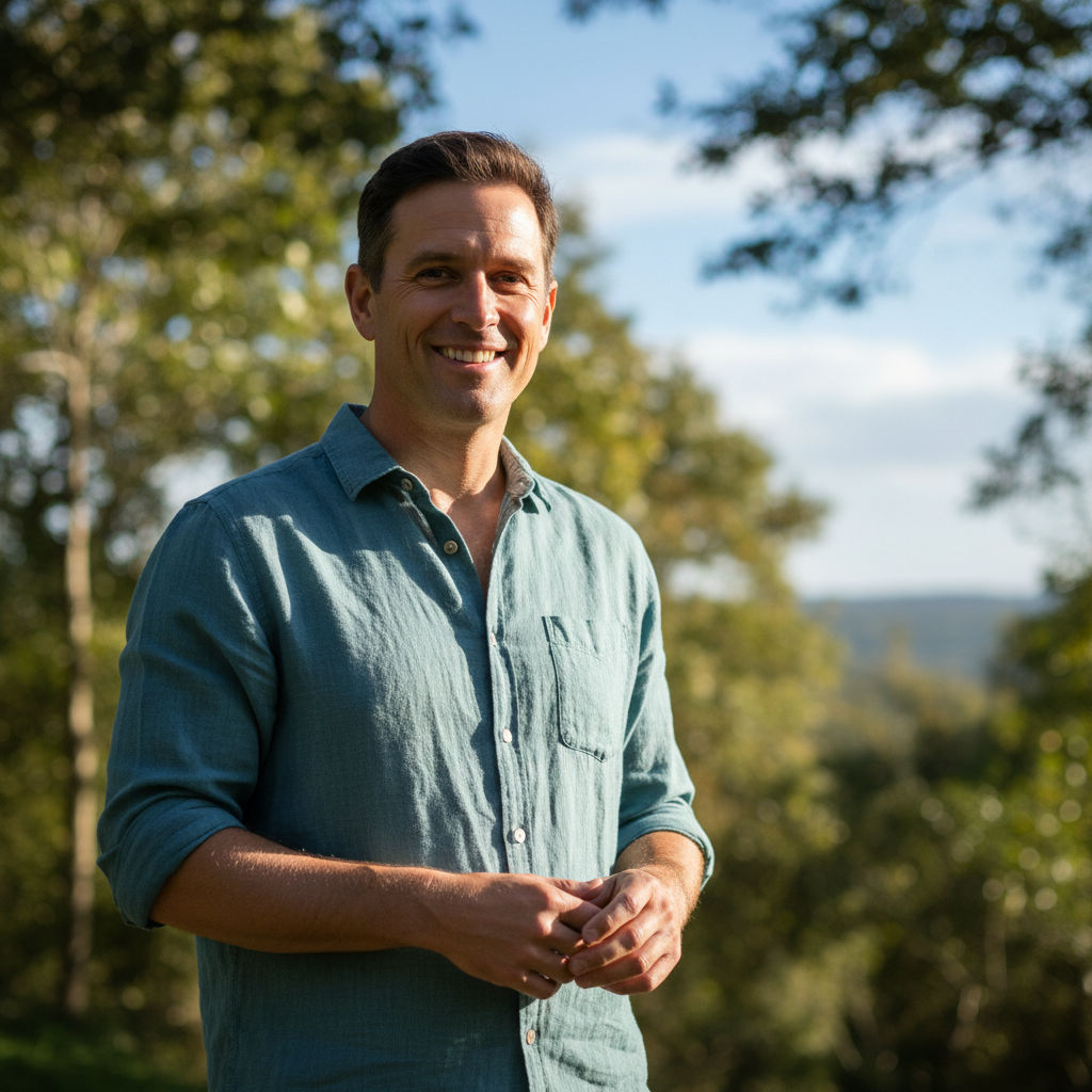 Man smiling outdoors, bright natural background, casual look