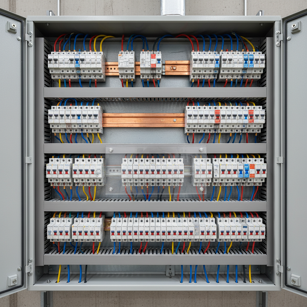 Close-up of a modern consumer unit fuse board with neat cable management, well-lit electrical panel