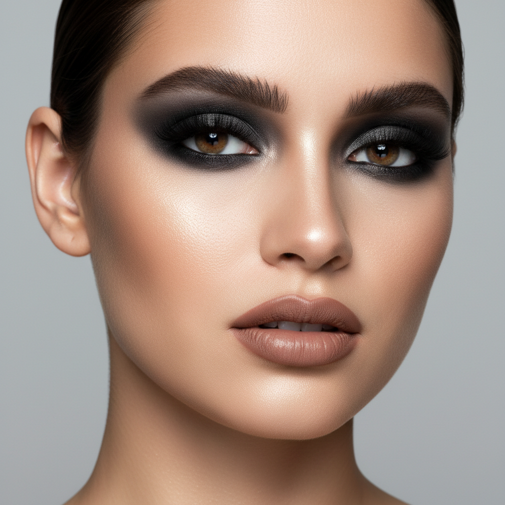 High fashion campaign makeup with deep smoky eye and sculptural cheek highlight in studio lighting