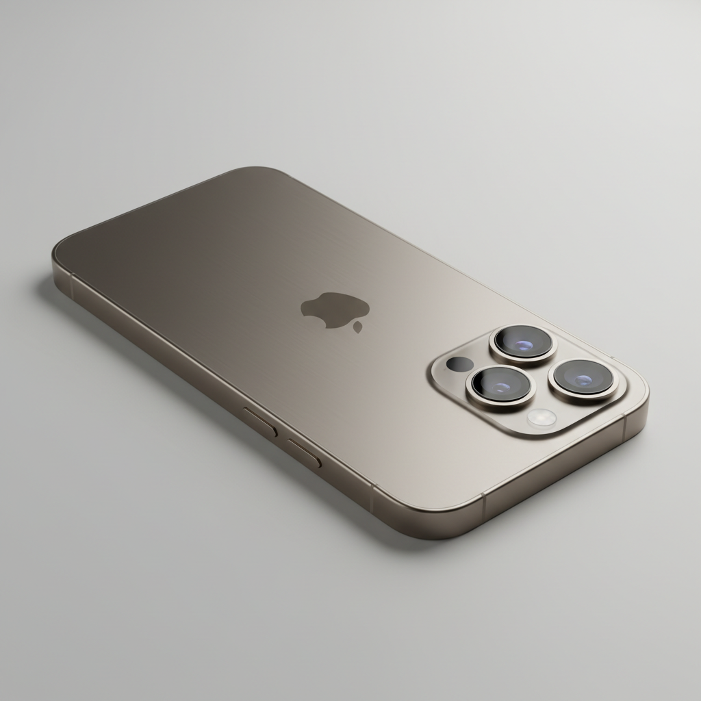 iPhone Pro Max in titanium finish held against white background