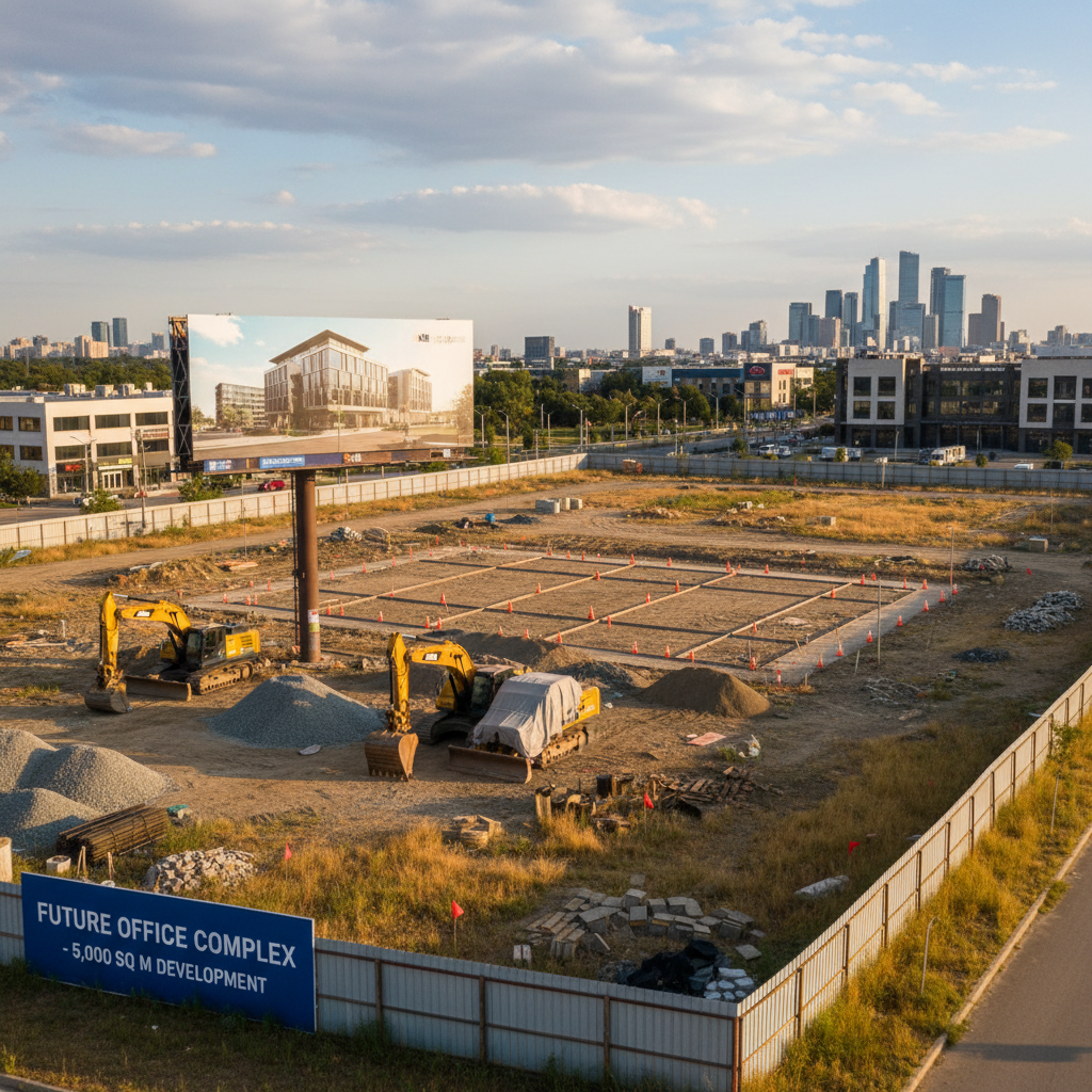 Real estate advertising hoarding near construction site, bright daytime, urban setting