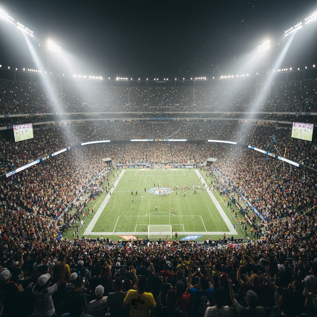 Packed stadium on game night with floodlights blazing and crowd filling every seat