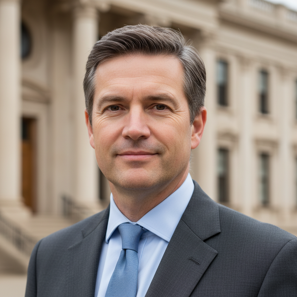 Portrait of a man in his forties with a calm, direct expression wearing a collared shirt, standing in front of a government building