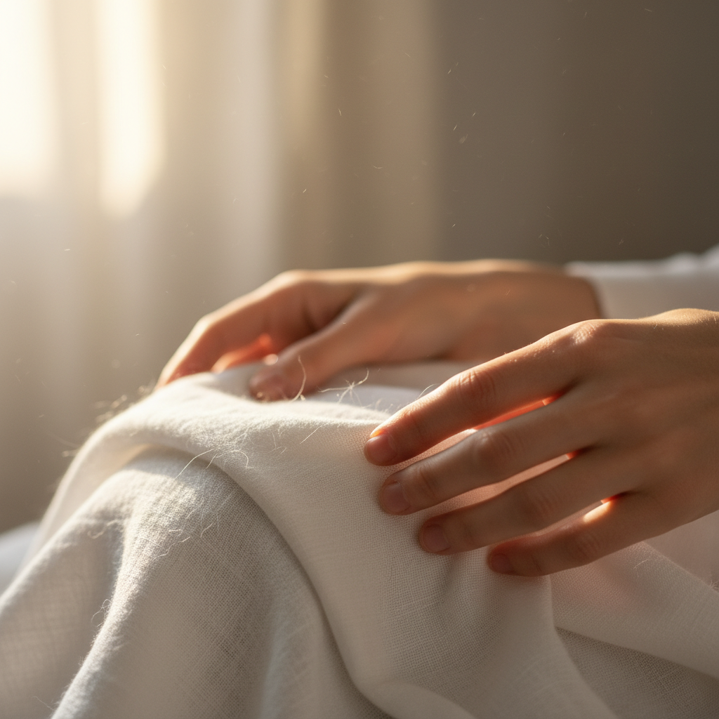 Hands gently folding white kafan cloth on a wooden table, morning light catching the cotton weave