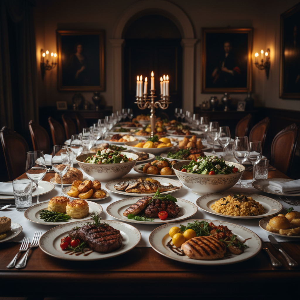 Elegant Continental dinner spread with grilled proteins, salads, and European-style sides on fine dining plates with professional presentation