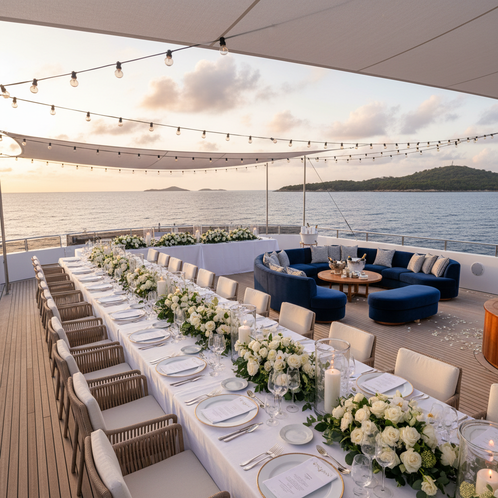 Elegant private event setup on Onhezmus 1 boat deck with decorations and ocean views