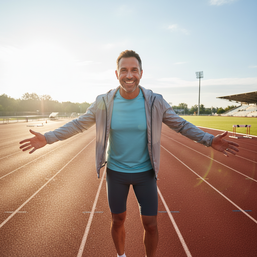 Athletic Black male trainer smiling, outdoor track background, athletic wear