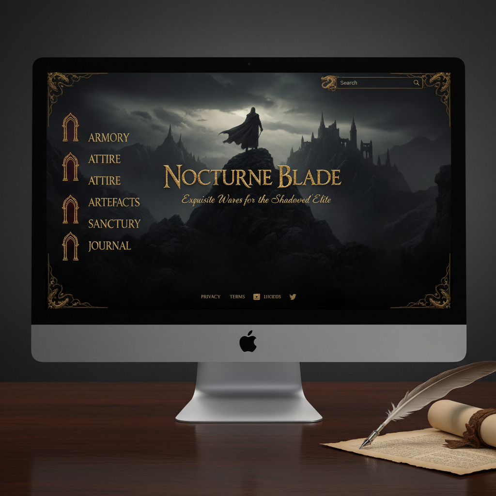 Premium website design interface on minimal device in dimly lit architectural environment with deep shadows and dark wood surfaces