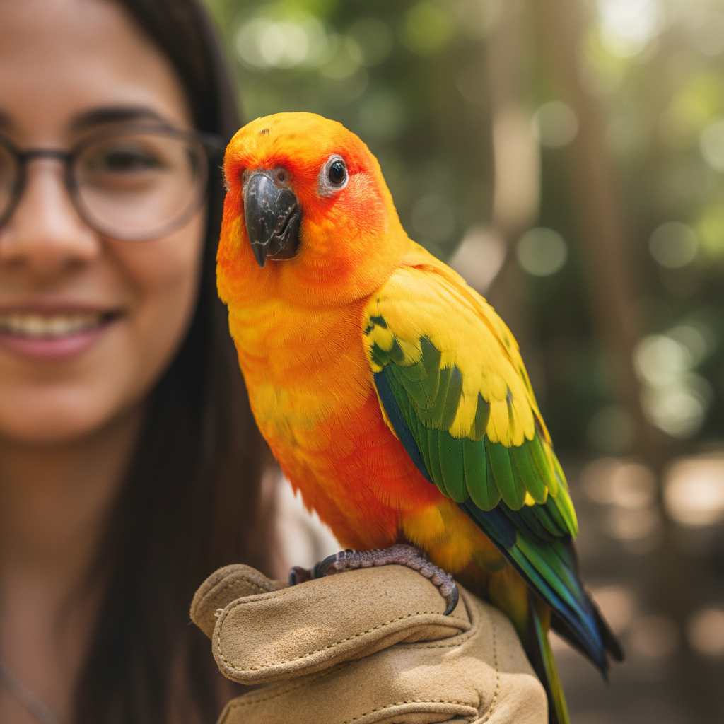 Portrait of Claudette Marchetti, Sun Conure owner Β· Portland, OR