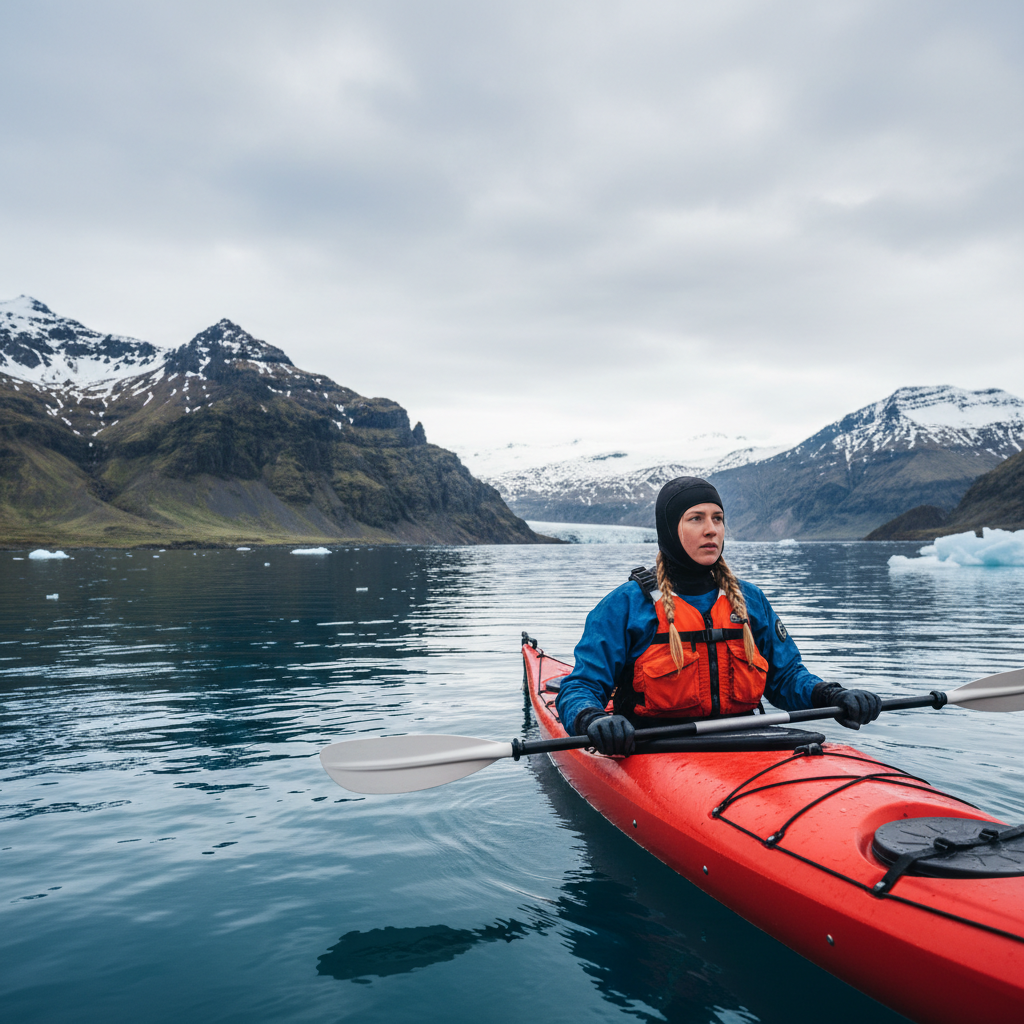 Erik Halvorsen, Norwegian fjord kayak guide, in kayak gear at water's edge