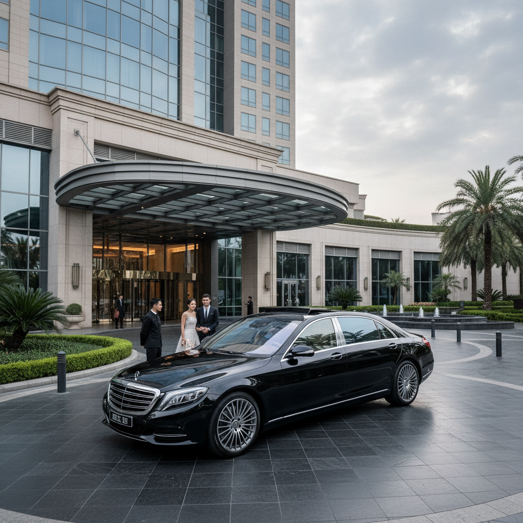Black Mercedes-Benz S-Class luxury sedan parked in front of a grand hotel entrance at night with dramatic lighting
