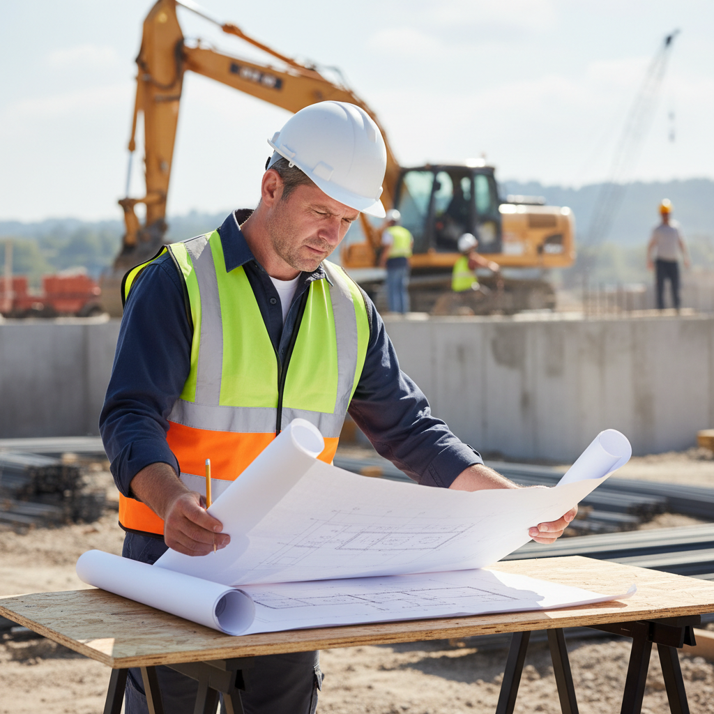 Construction site manager reviewing blueprints, safety helmet, daytime, professional environment