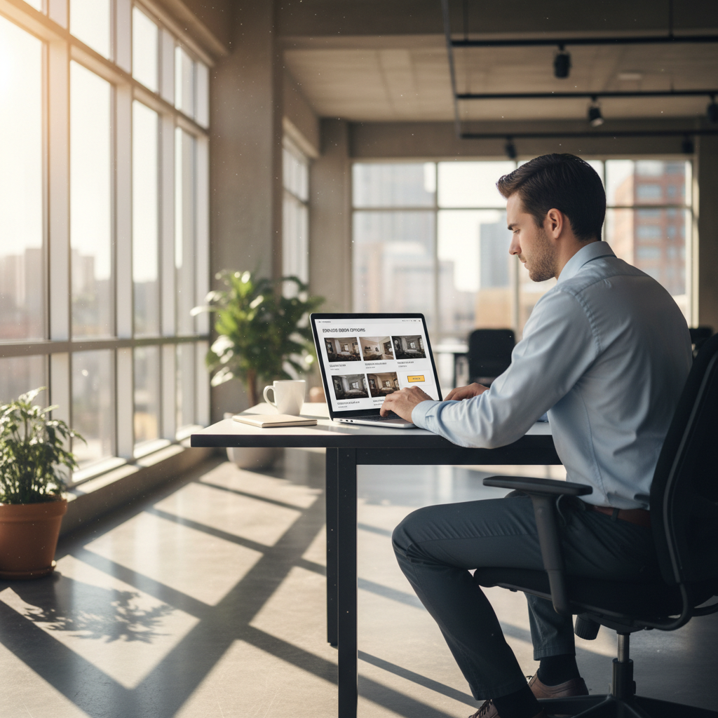 Happy shopper browsing deals on laptop in bright modern workspace