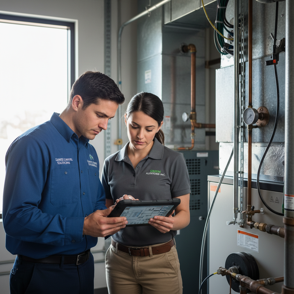 HVAC technician and energy auditor reviewing system diagnostics on tablet in mechanical room