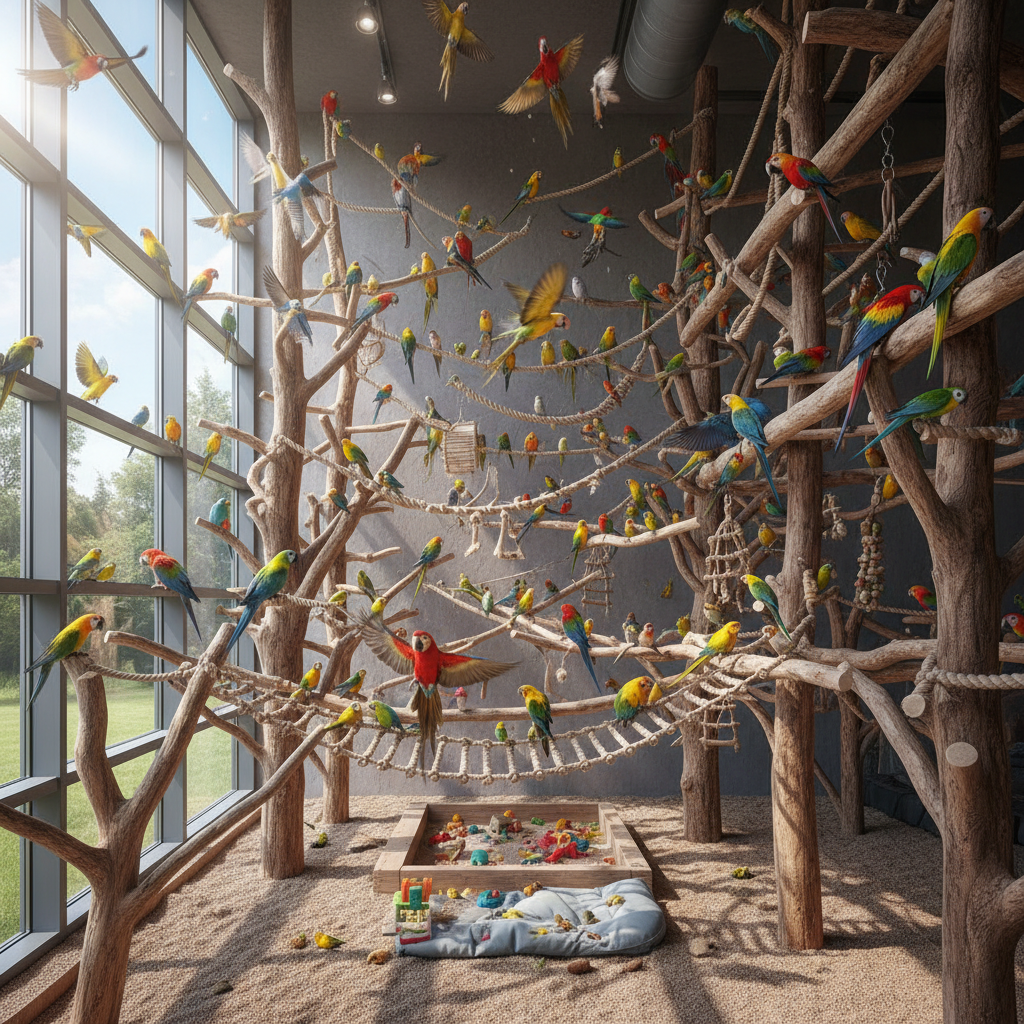 Spacious daycare flight aviary with natural light, multiple perching levels, and birds in flight