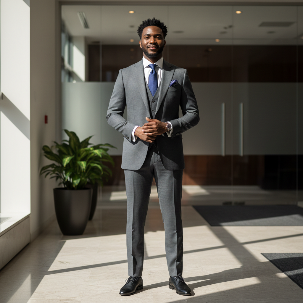 Nigerian-American man in navy shirt, professional smile, city office window background