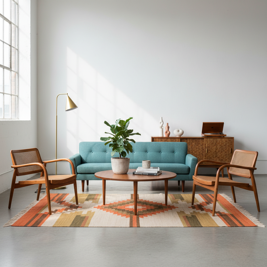 Curated collection of mid-century modern furniture pieces in a bright studio