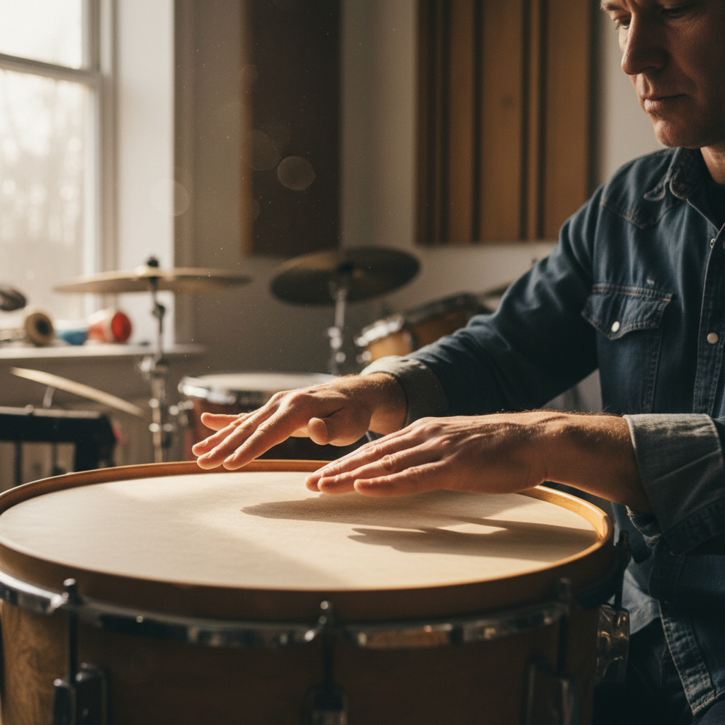 Instructor guiding student hands on drum skin during a teaching moment