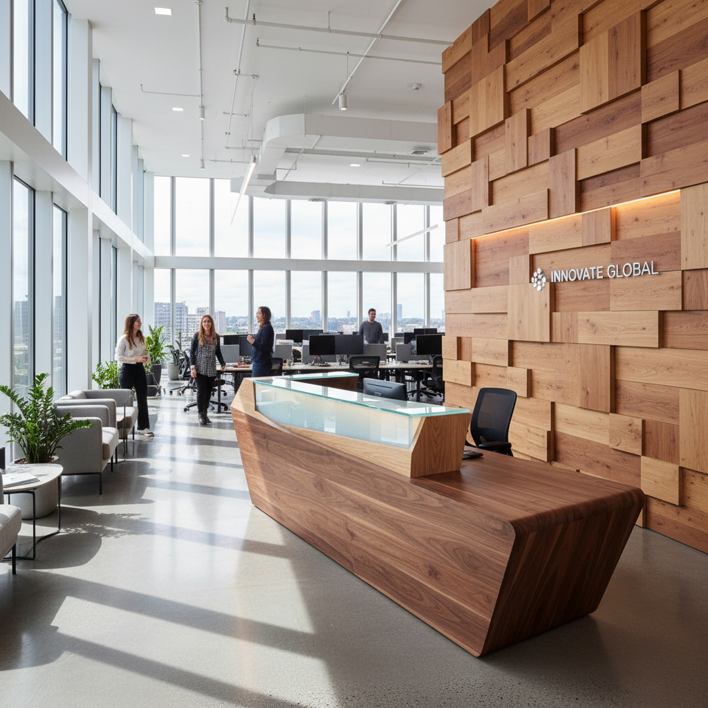 Custom timber reception desk and built-in office cabinetry in a modern Cape Town office