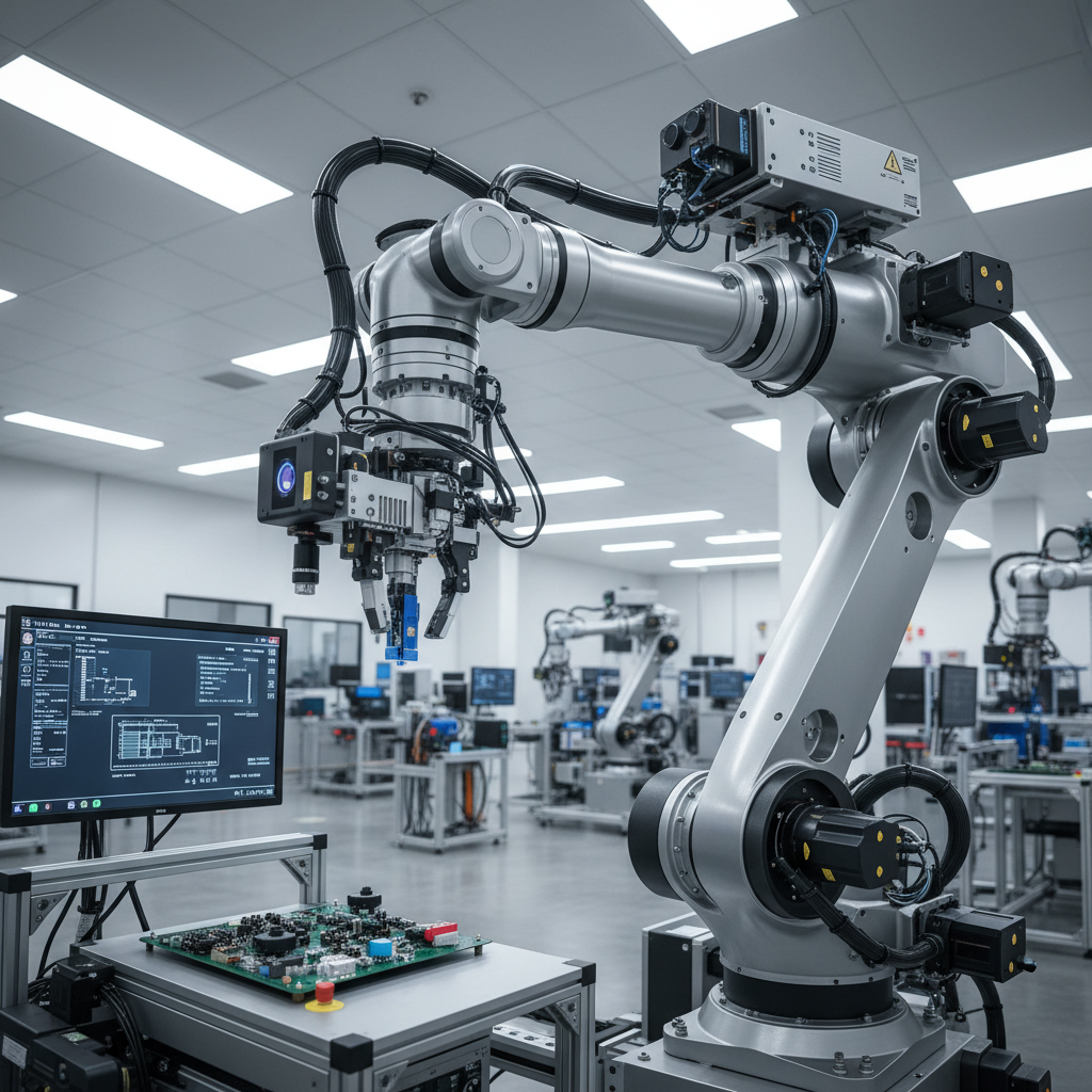 Robotic arm performing precision assembly work in automated manufacturing facility