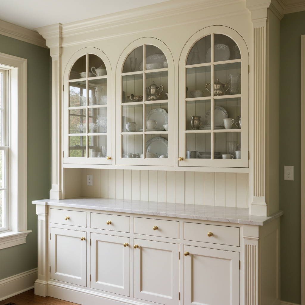 Custom built-in hutch with glass doors and shelving in cream painted wood