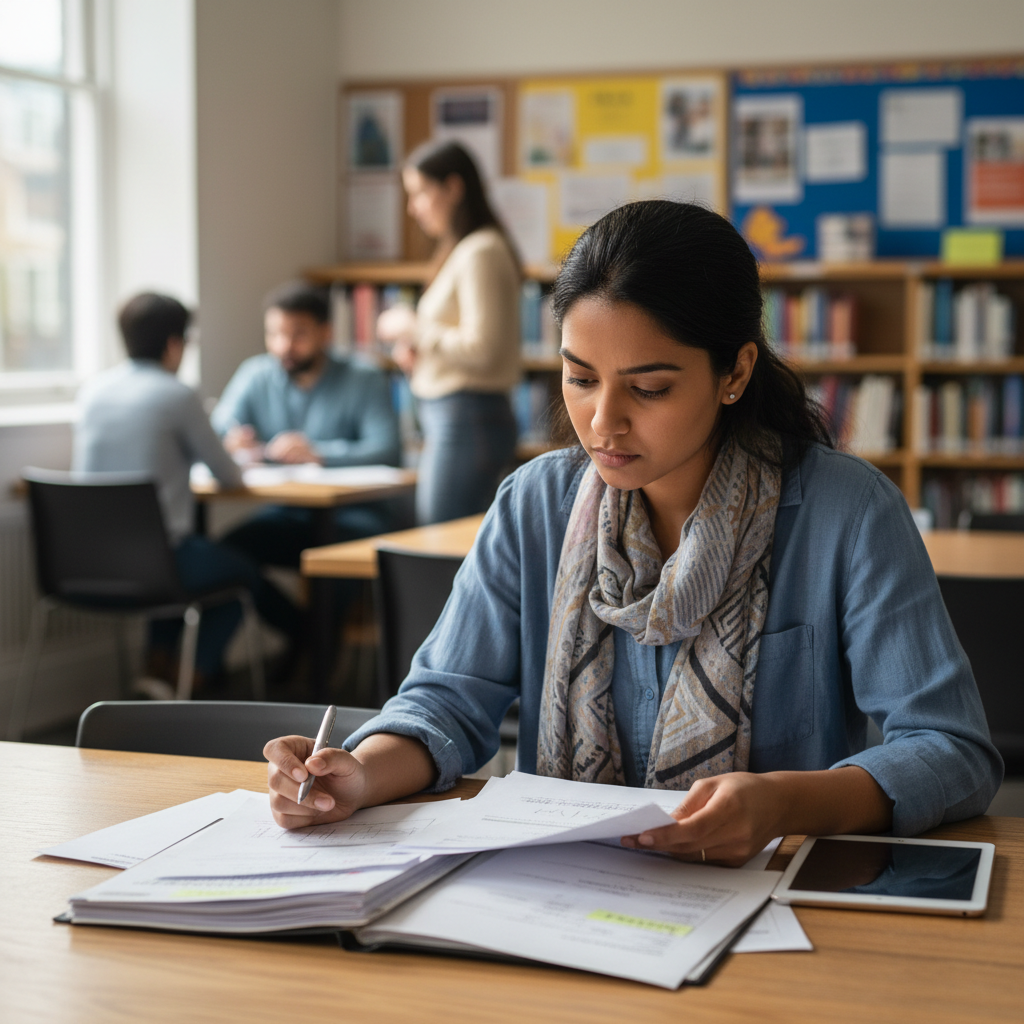 Priya Nair-Chandrasekhar, a South Asian woman in her mid-30s, reviewing documents at a desk